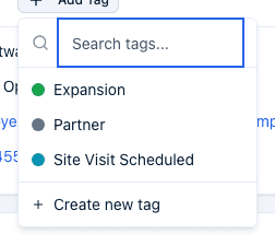 The Add Tag popover open on a contact's page, showing a search box and a list of existing tags with a Create new tag option at the bottom.