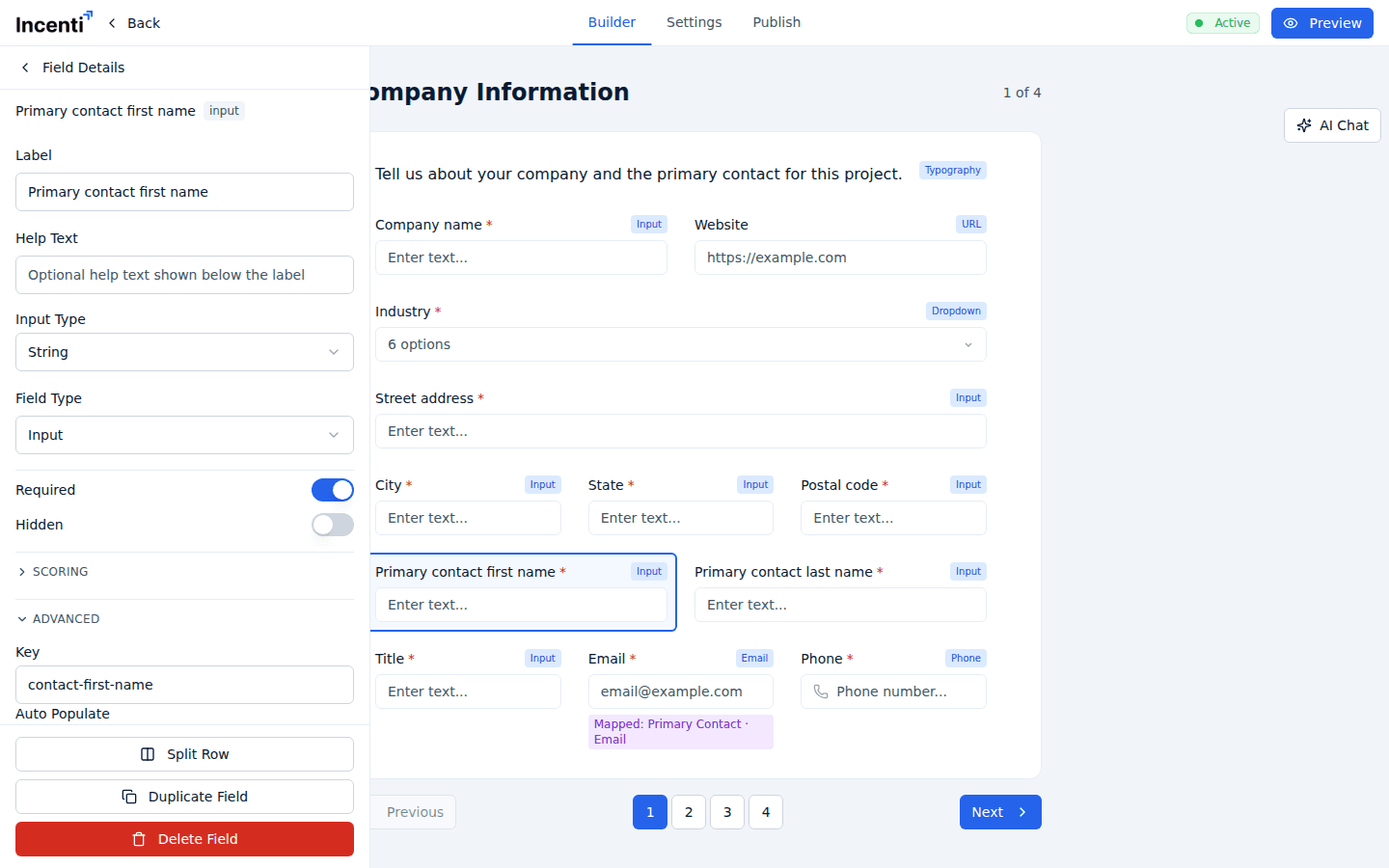 The Advanced section of Field Details expanded for the Primary contact first name field, showing the editable Key box and the Auto Populate entity and value dropdowns.