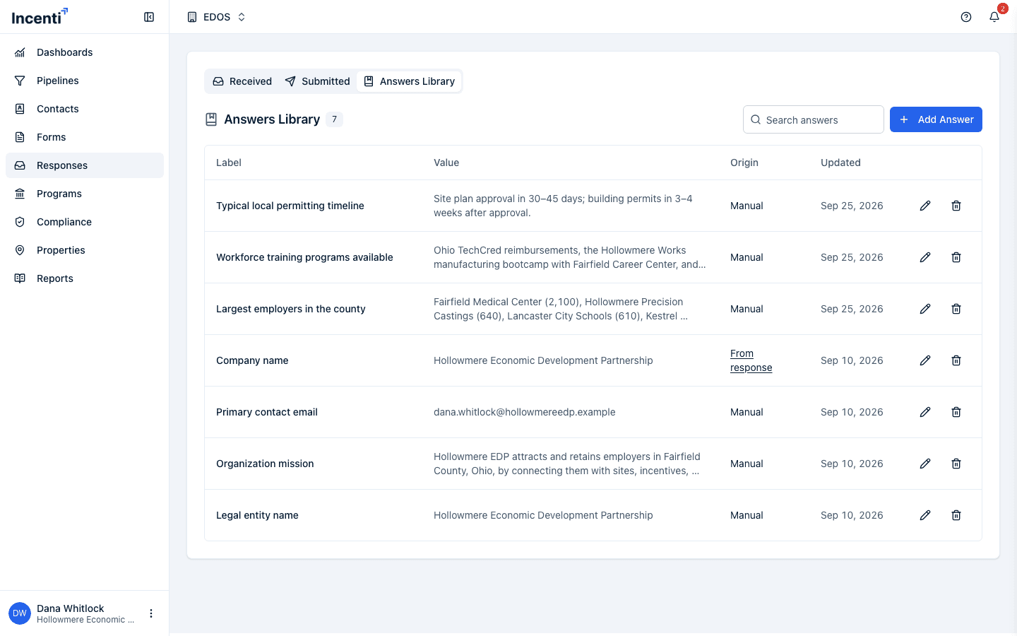 The Answers Library tab on the responses page, showing a searchable table of saved answers with Label, Value, Origin, and Updated columns.
