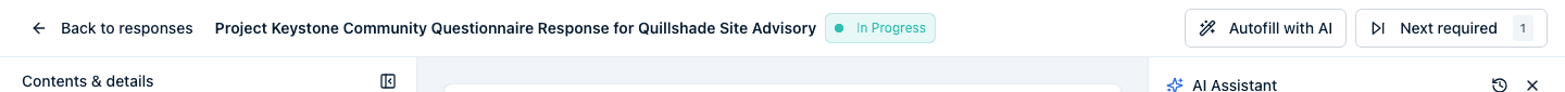 The header of a response being filled in, with the Autofill with AI and Next required buttons.