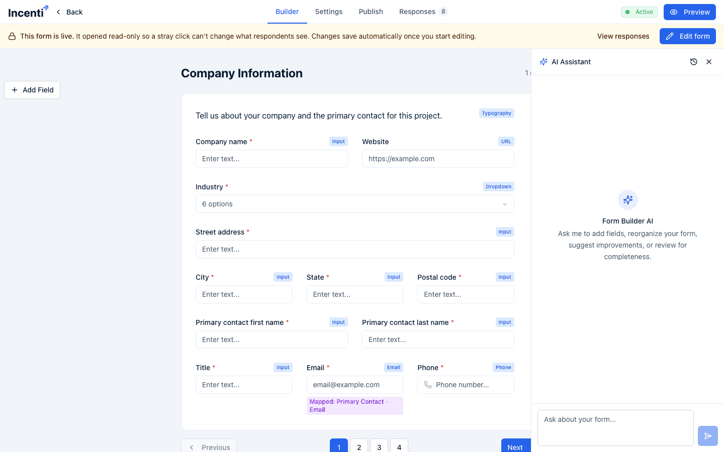 The builder header of a live form: the Builder, Settings, and Publish tabs with the Responses link and its count, and the "This form is live" notice with the View responses and Edit form buttons.