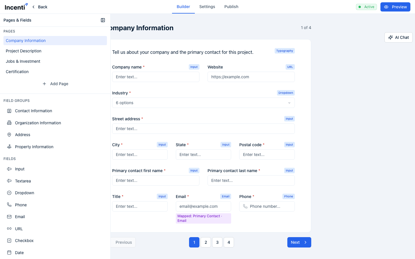 The form builder with the Pages & Fields panel open on the left, listing the form's four pages, the Field Groups, and the single-question Fields, and the Company Information page on the canvas.