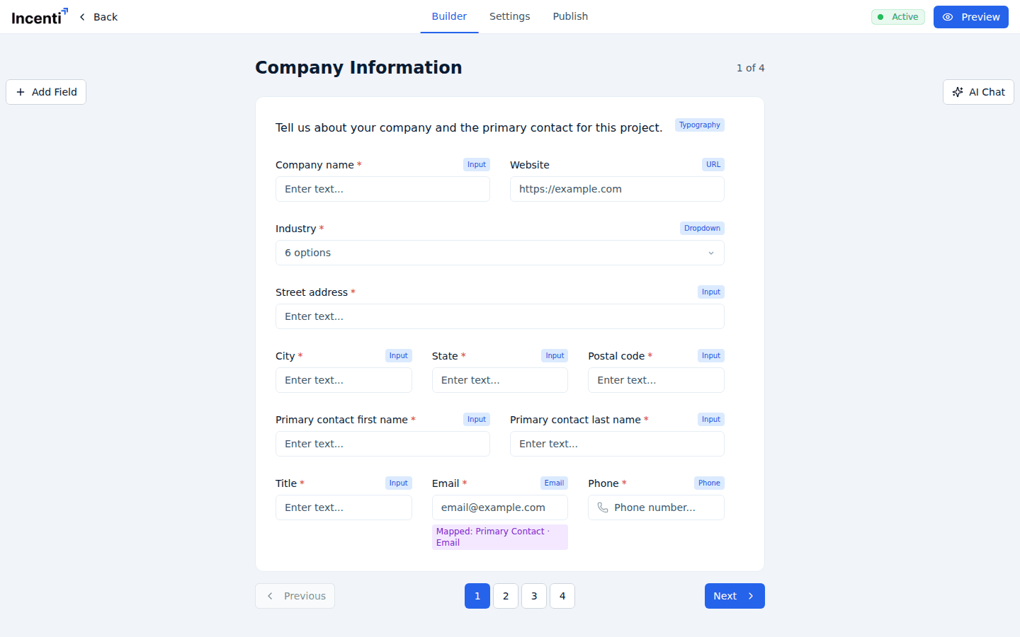 The Company Information page on the builder canvas, with each field card showing its type badge in the top-right corner and the email field carrying a purple Mapped: Primary Contact · Email badge underneath.