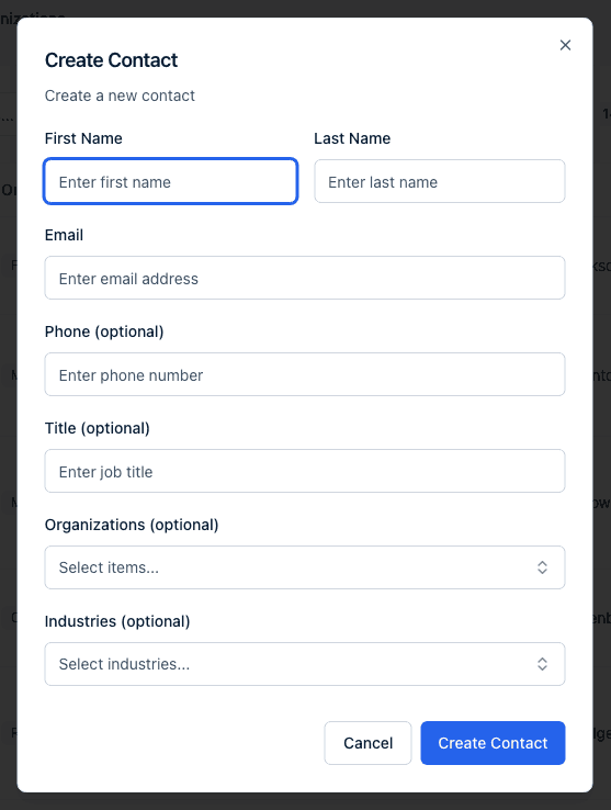 The Create Contact dialog with First Name, Last Name, Email, Phone, Title, Organizations, and Industries fields.