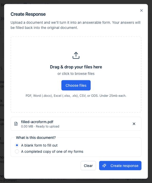 The Create Response dialog with a file listed as Ready to upload, the What is this document? choice with A blank form to fill out selected, and the Create response button.