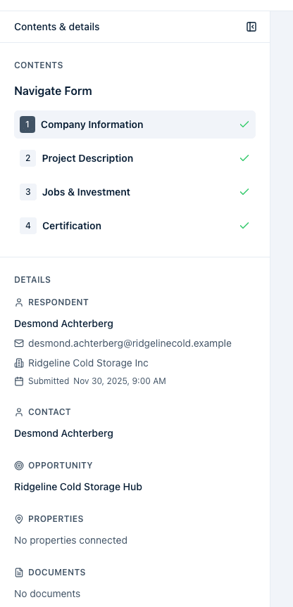 The Contents & details rail open on a response, showing the page list and the Details blocks for respondent, contact, opportunity, properties, and documents.