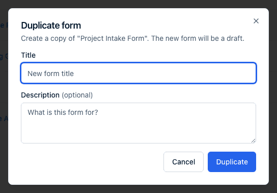 The Duplicate form dialog with Title and Description fields and a Duplicate button.