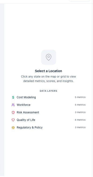 The right-hand detail panel before a location is selected, showing the "Select a Location" prompt and the Data Layers list with each layer's metric count.