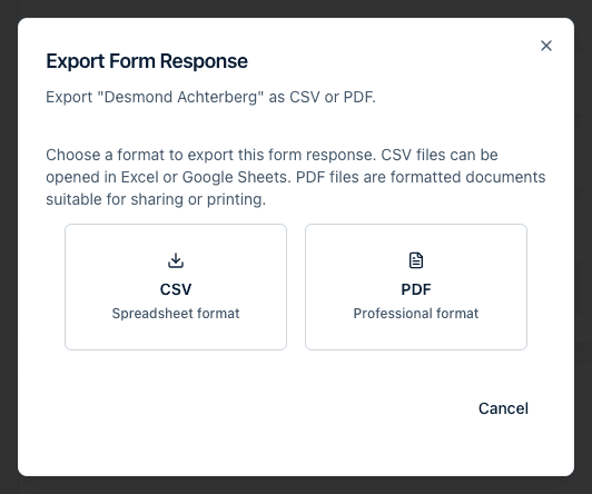 The Export Form Response dialog offering CSV in spreadsheet format and PDF in professional format.