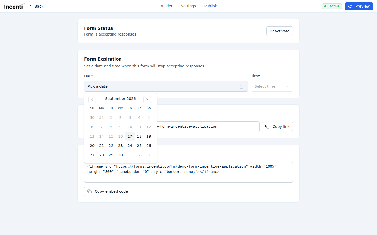 The Form Expiration card on the Publish tab with the Date calendar open, past dates greyed out, beside the Time dropdown that offers whole hours only.