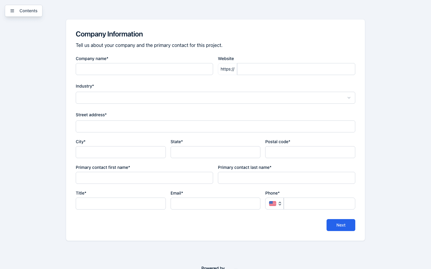 The first page of a public form, Company Information, with its fields, a Contents button to jump between pages, and a Next button.