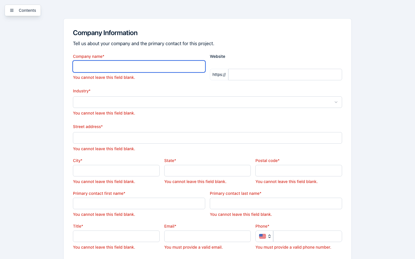 The Company Information page after clicking Next with required fields empty, showing inline "You cannot leave this field blank." messages under each required field.