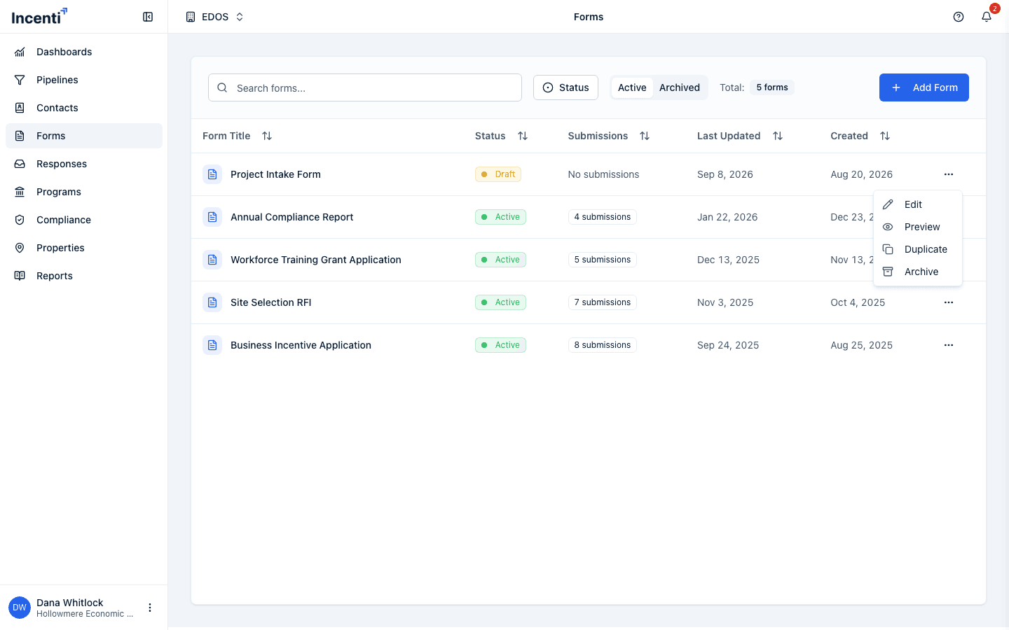 The forms list with the row actions menu open on the Project Intake Form row, showing Edit, Preview, Duplicate, and Archive, and the Active and Archived toggle above the table.