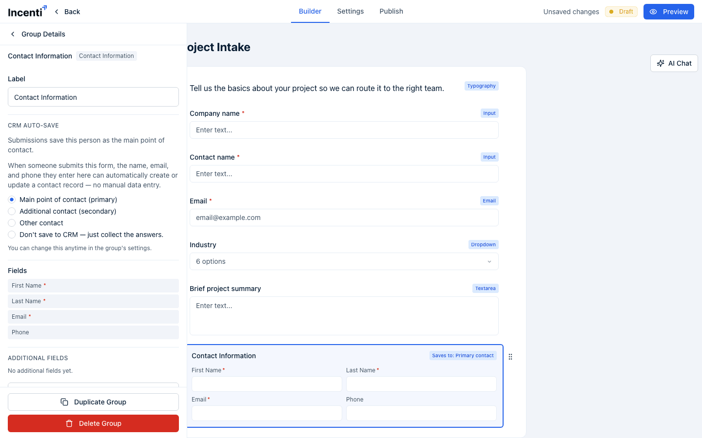 The Group Details panel for a Contact Information group: Label, the CRM auto-save options with Main point of contact (primary) selected, the read-only Fields list, Additional fields, and the Duplicate Group and Delete Group buttons, with the group highlighted on the canvas.