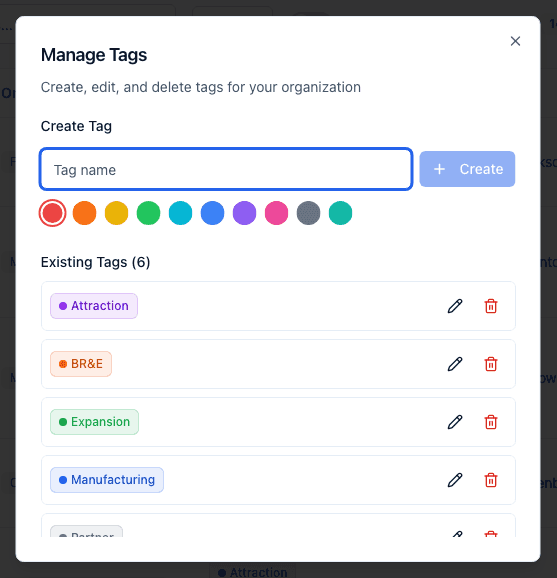 The Manage Tags dialog with Create Tag fields and color swatches above a list of Existing Tags, each with pencil and trash icons.