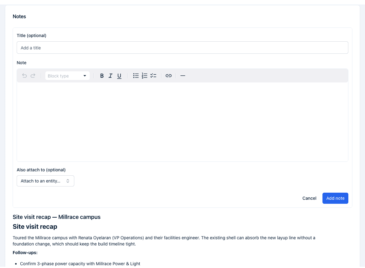 The inline Add note editor open, with a Title field, rich-text toolbar, and the Also attach to picker.