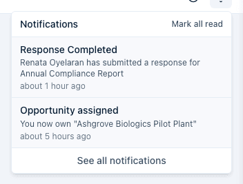 The notification bell popover open, listing two unread notifications with their title, message, and time, a Mark all read link at the top, and a See all notifications link at the bottom.