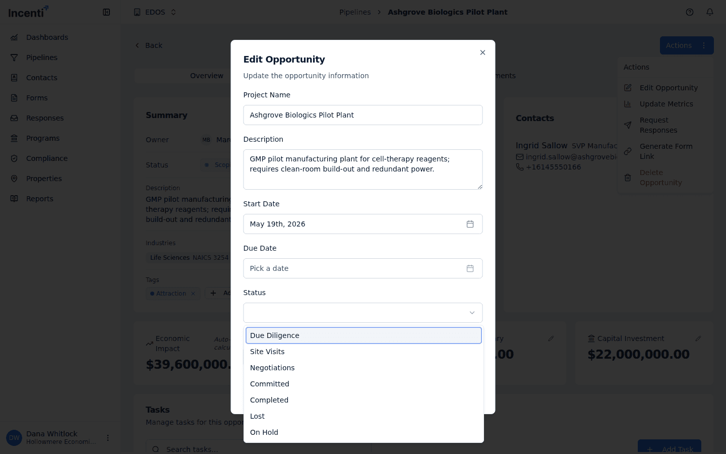 The Edit Opportunity dialog with its Status dropdown open, listing the account's opportunity statuses.