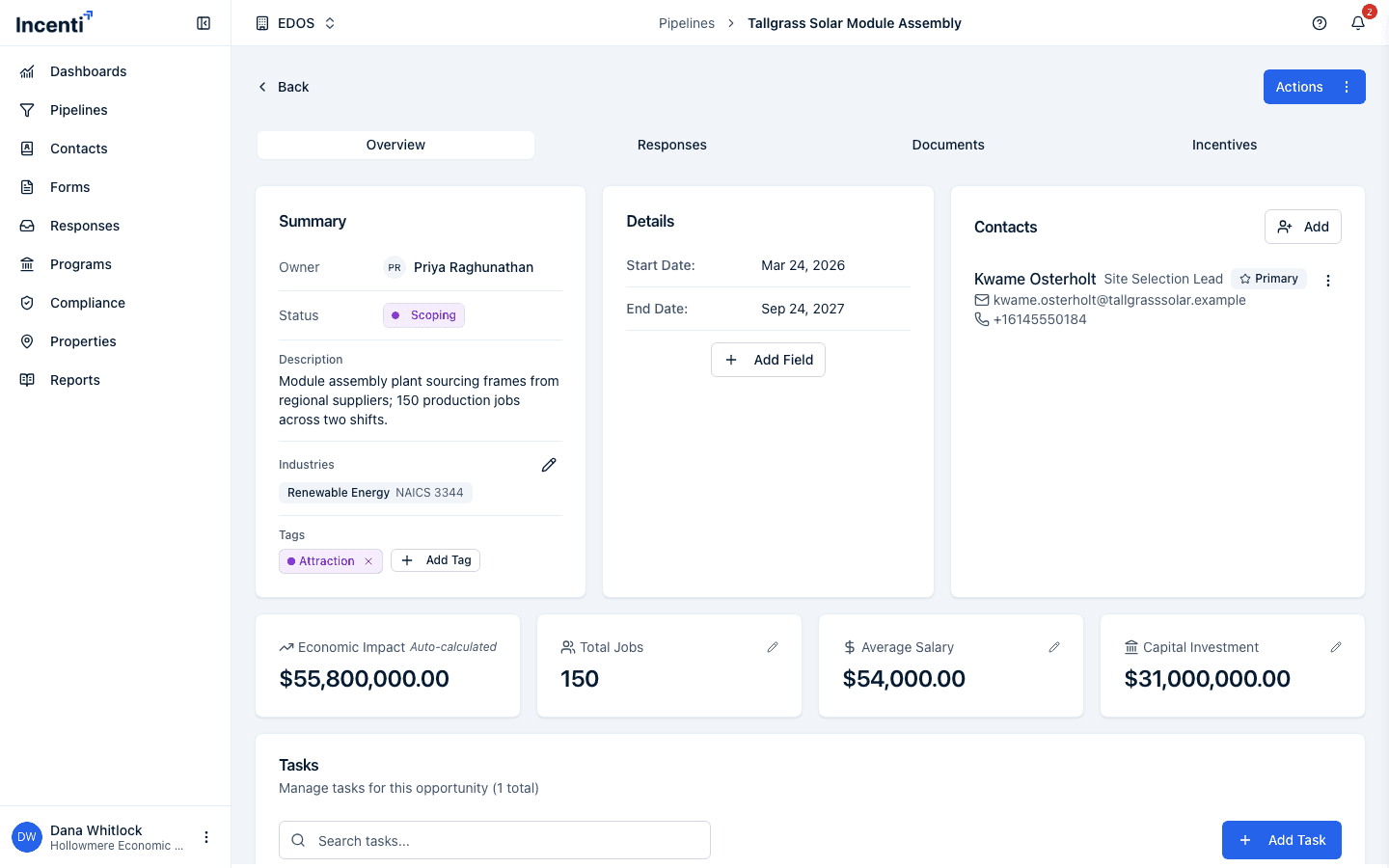 An opportunity's Overview tab: the Summary card with Owner, Status, Description, Industries, and Tags; the Details card with Start and End Date; the Contacts card with a primary contact; the four Economic Impact cards; and the top of the Tasks table.