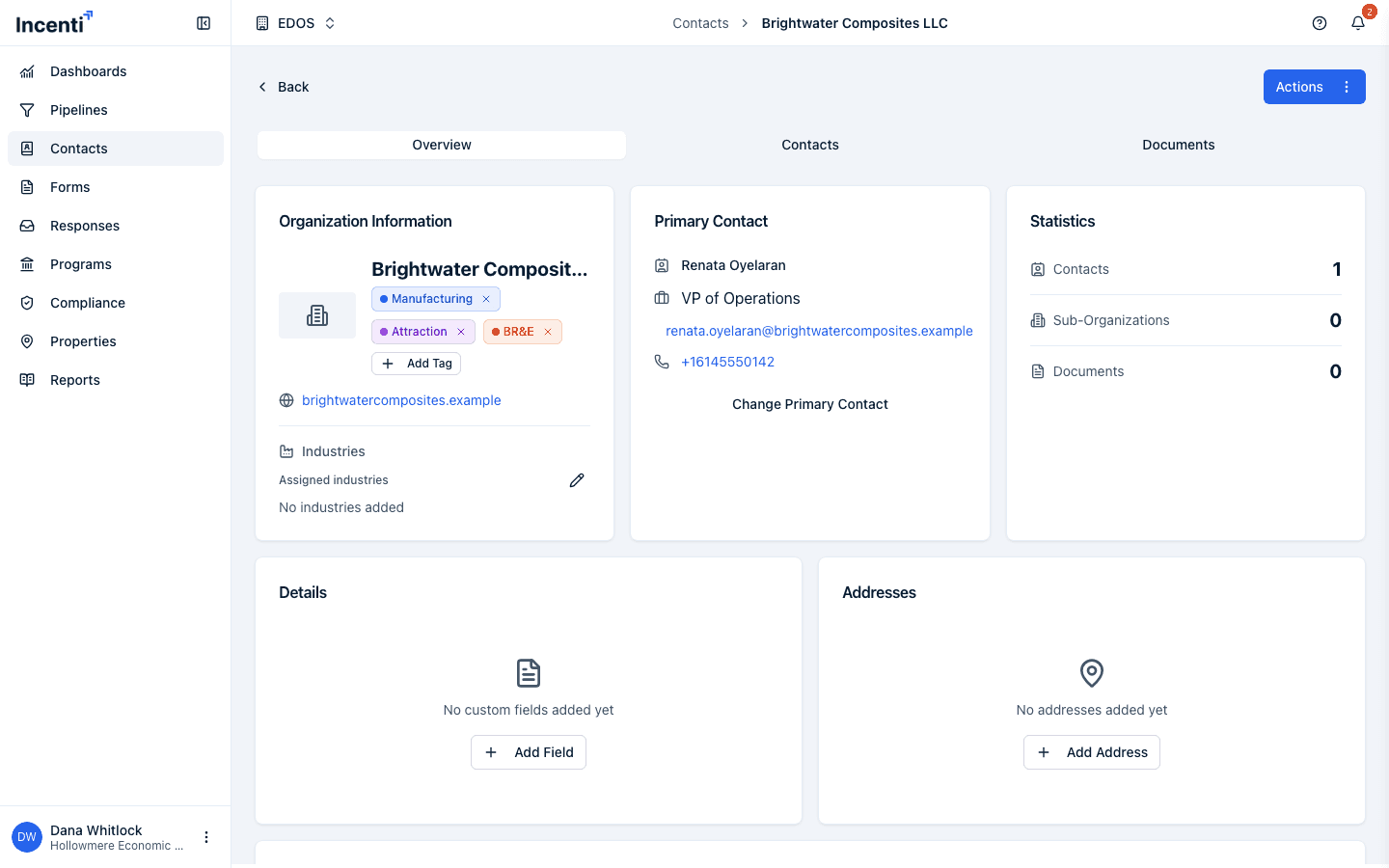 The organization detail page's Overview tab, showing the Organization Information card and the Primary Contact card with its Change Primary Contact button.
