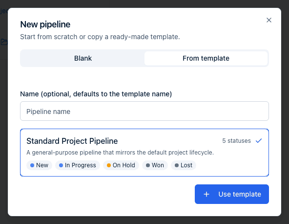 The New pipeline dialog with Blank and From template tabs, the Standard Project Pipeline template selected showing its five statuses.