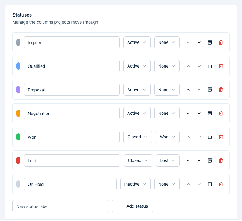 The Statuses card in pipeline settings, listing each status with its color, label, Category and Outcome dropdowns, reorder arrows, and archive/delete buttons.