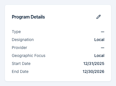 The Program Details card showing type, designation, provider, geographic focus, and start and end dates.