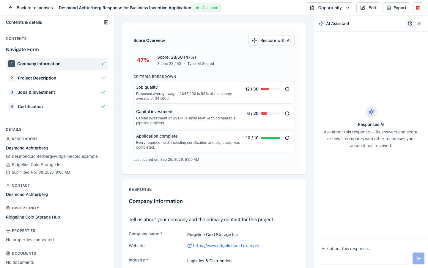The AI Assistant panel open on a received response's detail page, pinned to that one response.