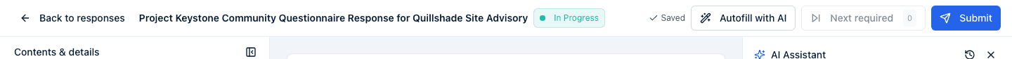 The header of a response being filled in after its last required answer was added: the Saved indicator, Autofill with AI, and the Submit button.