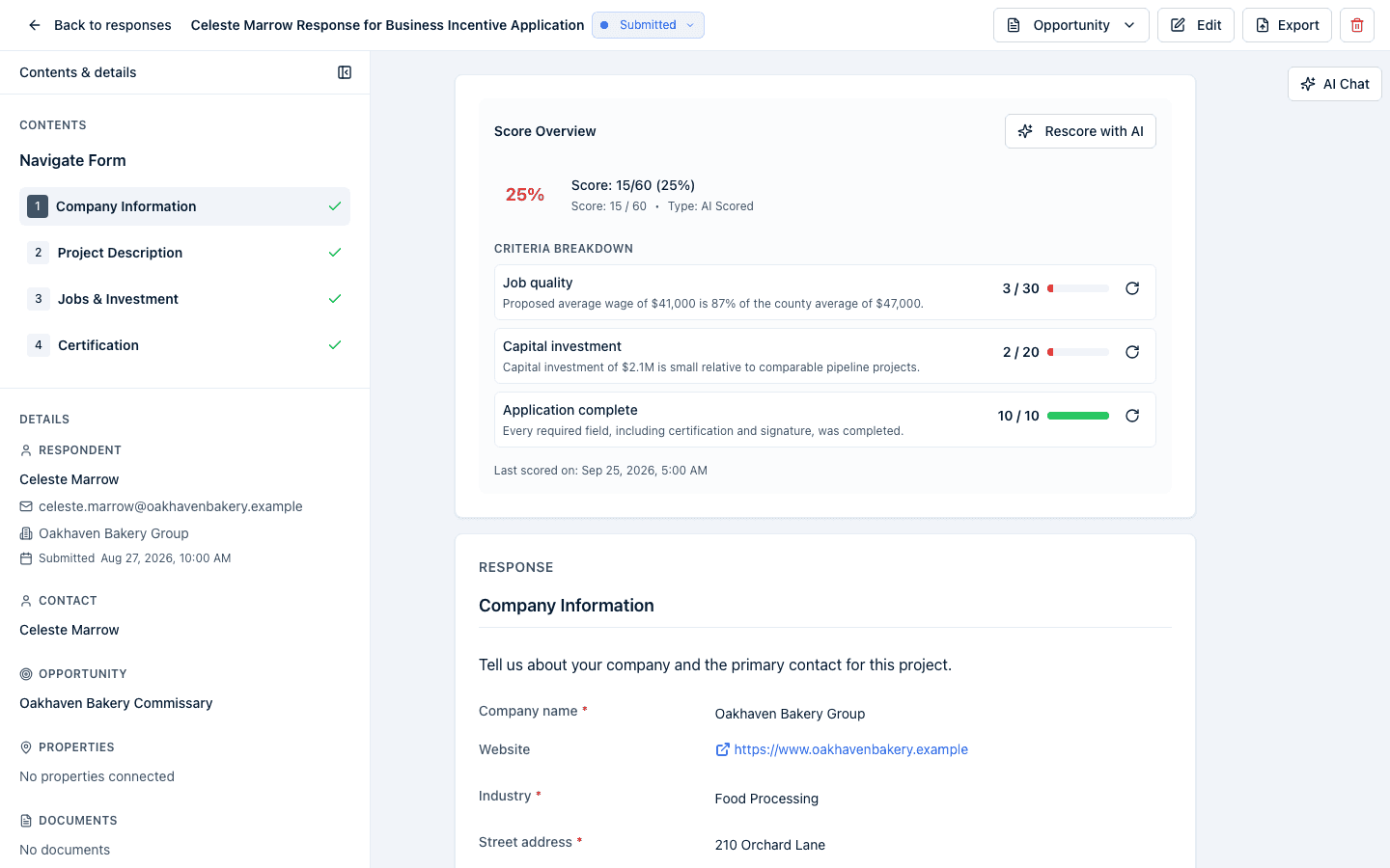A received response open in the workspace: the Contents & details rail on the left, the Score Overview card above the answers, and the header with the response title, its status badge, and the Opportunity, Edit, and Export buttons.