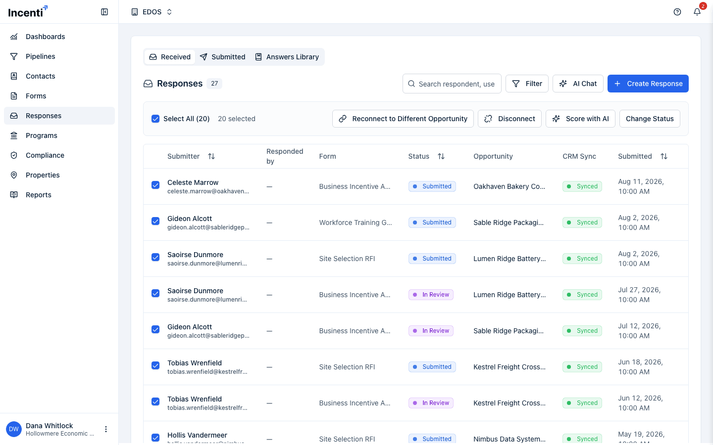 The Received responses list with every row on the page selected and the selection toolbar above the table showing Score with AI beside the other bulk actions.