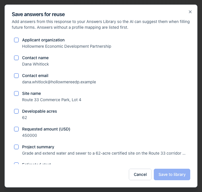 The Save answers for reuse dialog open on a response, listing its answers with checkboxes; unmapped answers are listed first.