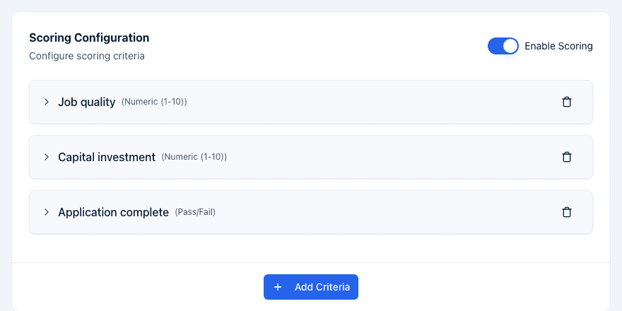 The Scoring Configuration card on the builder's Settings tab with Enable Scoring turned on, three collapsed criteria (Job quality, Capital investment, and Application complete), and the Add Criteria button.