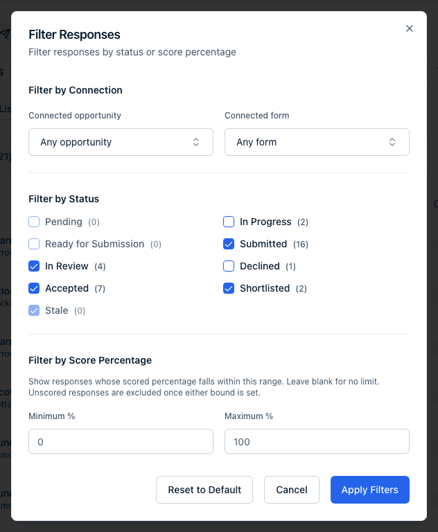 The Filter Responses dialog with the Filter by Status checkboxes, each showing how many responses hold that status.