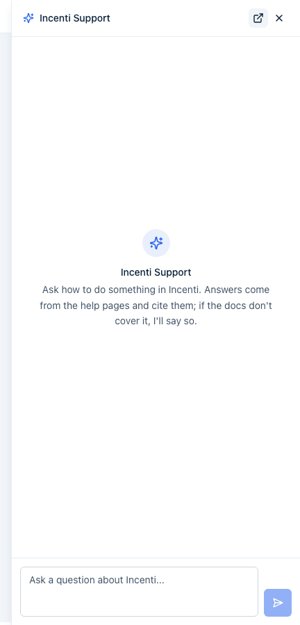 The Incenti Support panel open, with its intro text explaining it answers from the Knowledge Base pages, an input box labeled "Ask a question about Incenti...", and an Open Knowledge Base site button in the header.