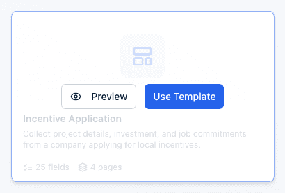 A template card on hover, showing the Preview and Use Template buttons over the Incentive Application card.