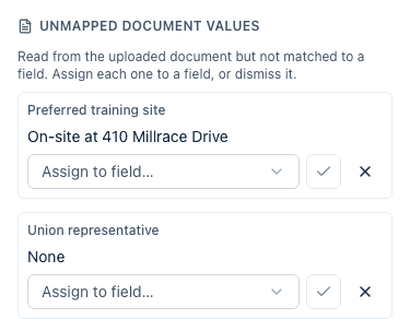 The Details rail of a response with an Unmapped document values block listing two values, each with an Assign to field dropdown.