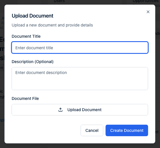 The Upload Document dialog with Document Title, Description, and Document File fields.