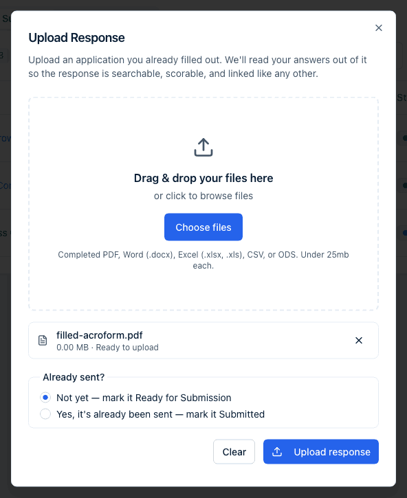 The Upload Response dialog with a completed spreadsheet listed as Ready to upload, the Already sent? choice below it, and the Upload response button.