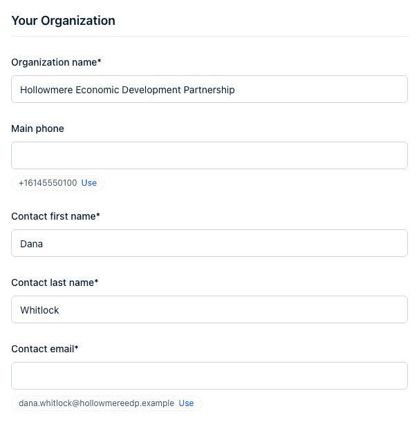 The Your Organization page of a response being filled in, with Use chips under the empty Main phone and Contact email questions offering the account's phone number and the user's email.