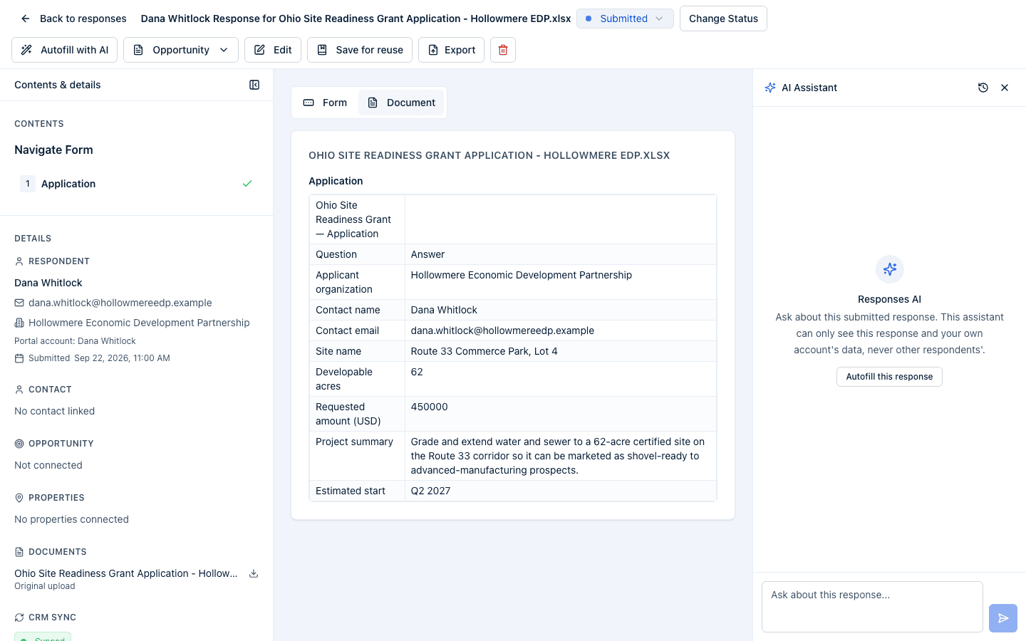 A response opened after upload, with the Document view showing the original spreadsheet beside the Contents & details rail.